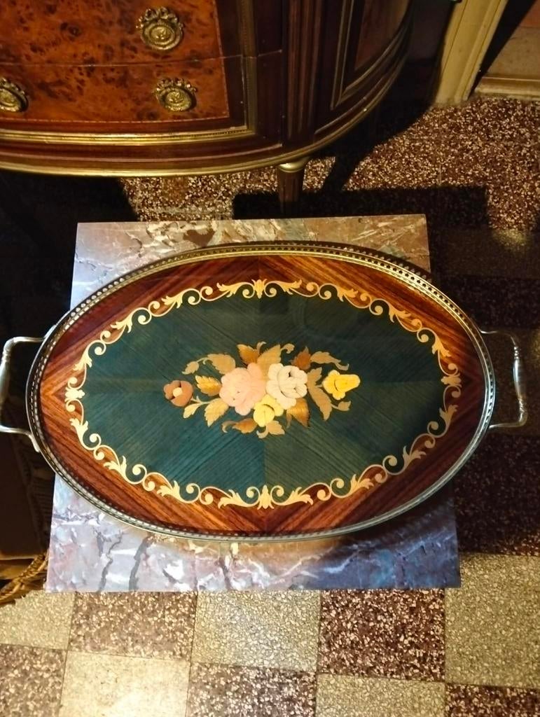 Vintage Italiaans marqueterie dienblad met bloemen, Huis en Inrichting, Woonaccessoires | Dienbladen, Ophalen of Verzenden