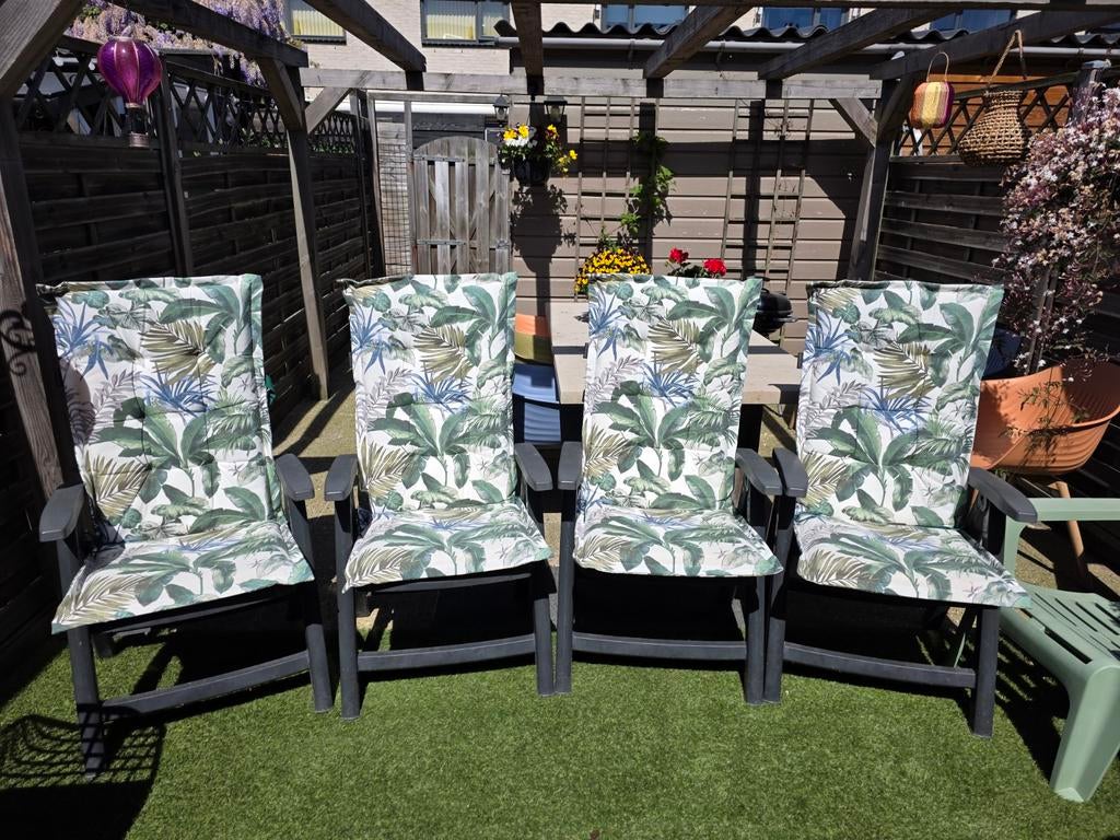 4 verstelbare Hartman tuinstoelen, met kussens, Ophalen, Gebruikt, Kunststof, Verstelbaar