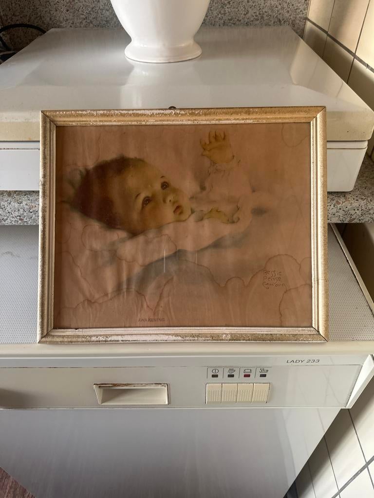 Vintage Bessie Pease Gutmann 'Awakening' Baby Schilderij, Antiek en Kunst, Ophalen