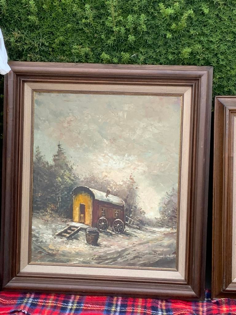 Pipowagen in een sneeuwlandschap, Antiek en Kunst, Kunst | Schilderijen | Klassiek, Ophalen