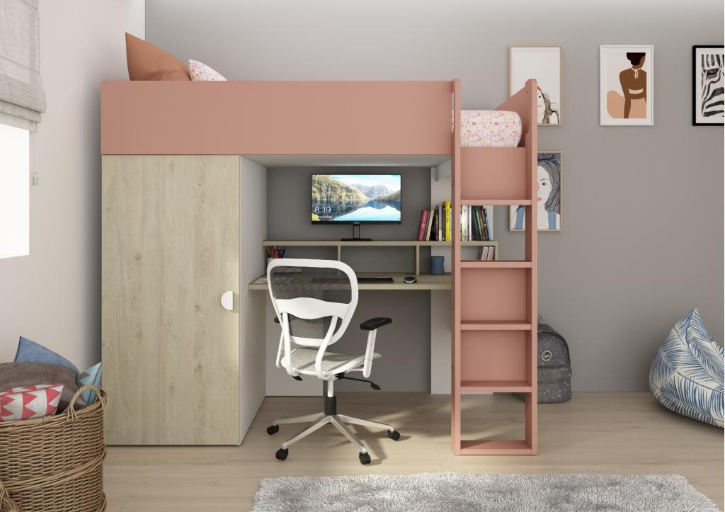 Flow hoogslaper met bureau en kast - 90x200 - Eiken/roze, Niet ingevuld, Niet ingevuld, Niet ingevuld
