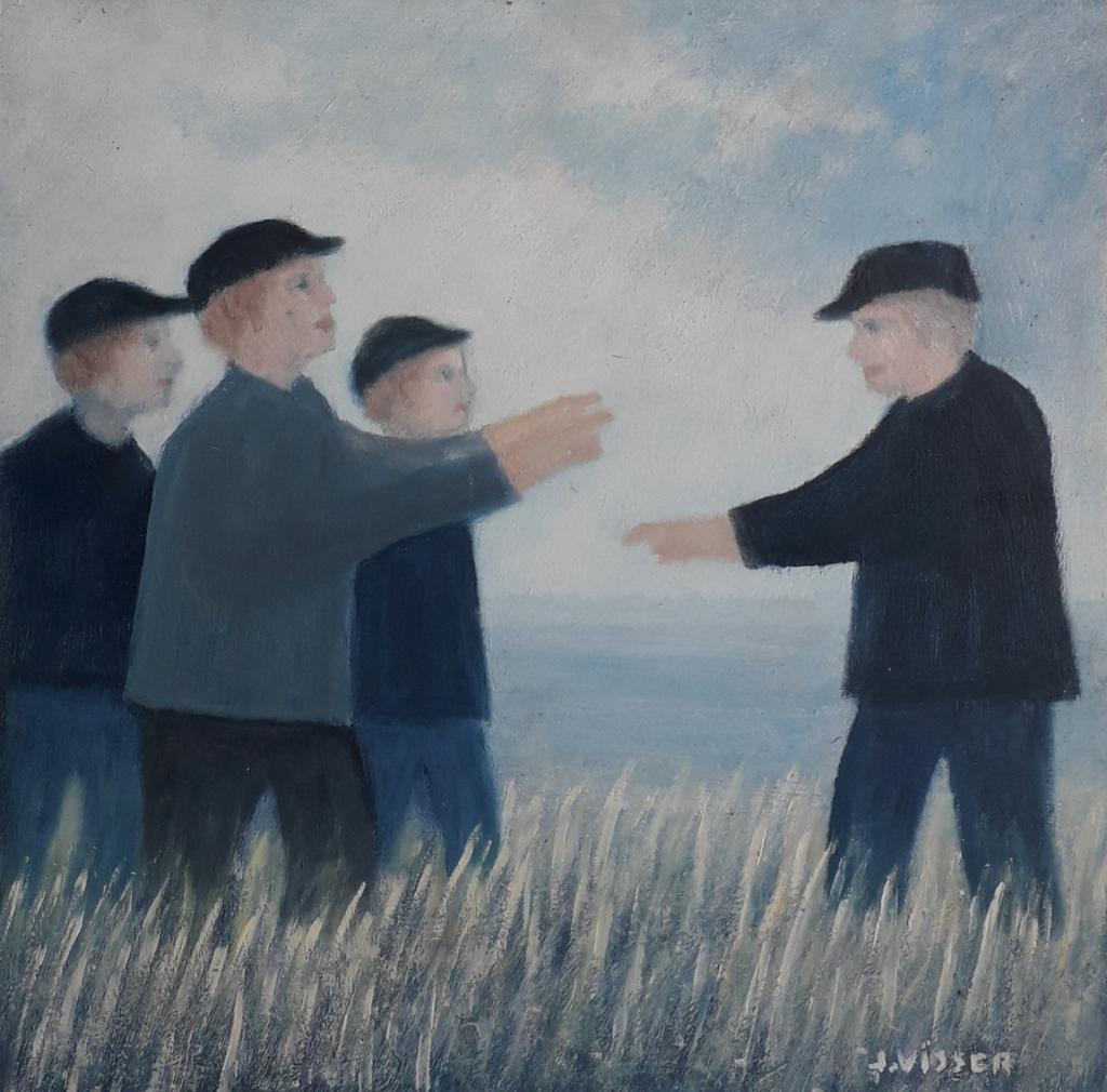 ONTMOETING 4 FIGUREN AAN ZEE>MAN>JONGENS>EXPRESSIONISME, Ophalen of Verzenden