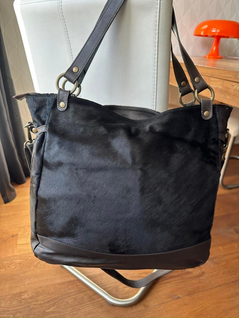 Grote shopper/tote, leer en huid, Made in Italy, Ophalen of Verzenden, Zo goed als nieuw, Bruin, Shopper