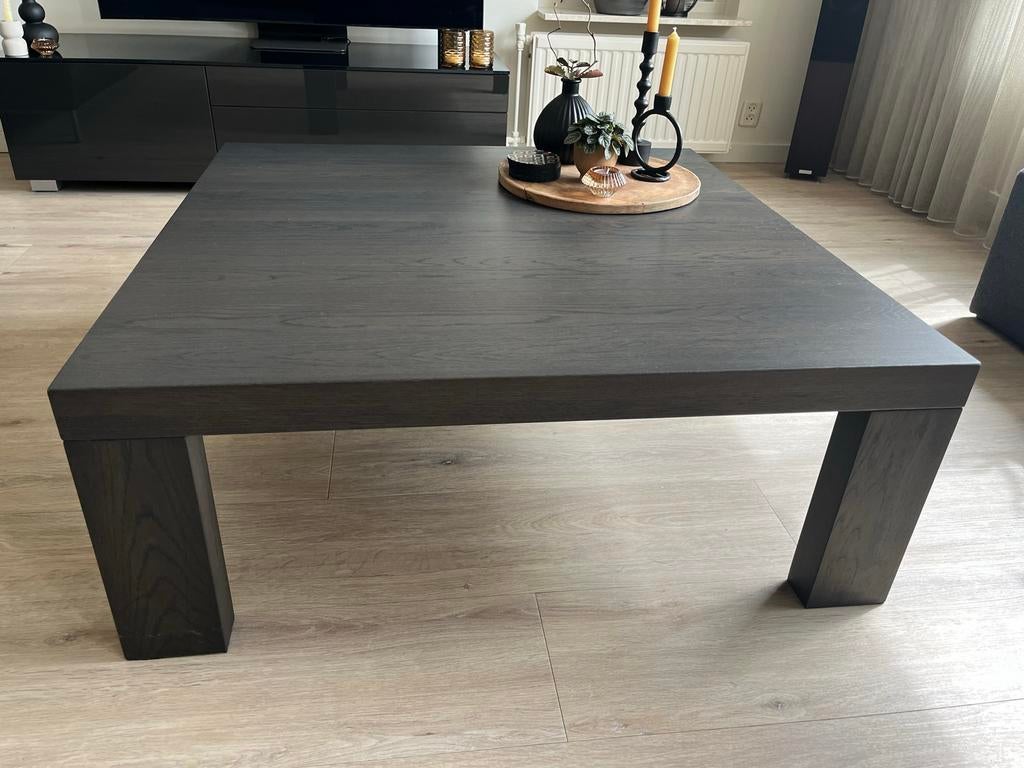 Moderne vierkante salontafel met zwart aluminium strip, Ophalen, Gebruikt, 100 tot 150 cm, Vierkant
