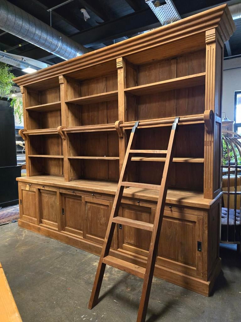 Groot! 320CM Teak Bibliotheekkast | Boekenkast met trapje, Met deur(en), Gebruikt, 200 cm of meer, Teakhout