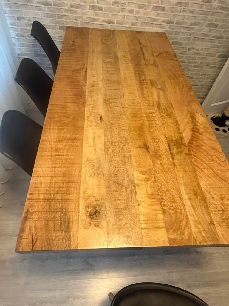 Rechthoek industriële eettafel 180x90 cm met stalen poot, Mangohout, Zo goed als nieuw, Vijf personen of meer, 150 tot 200 cm
