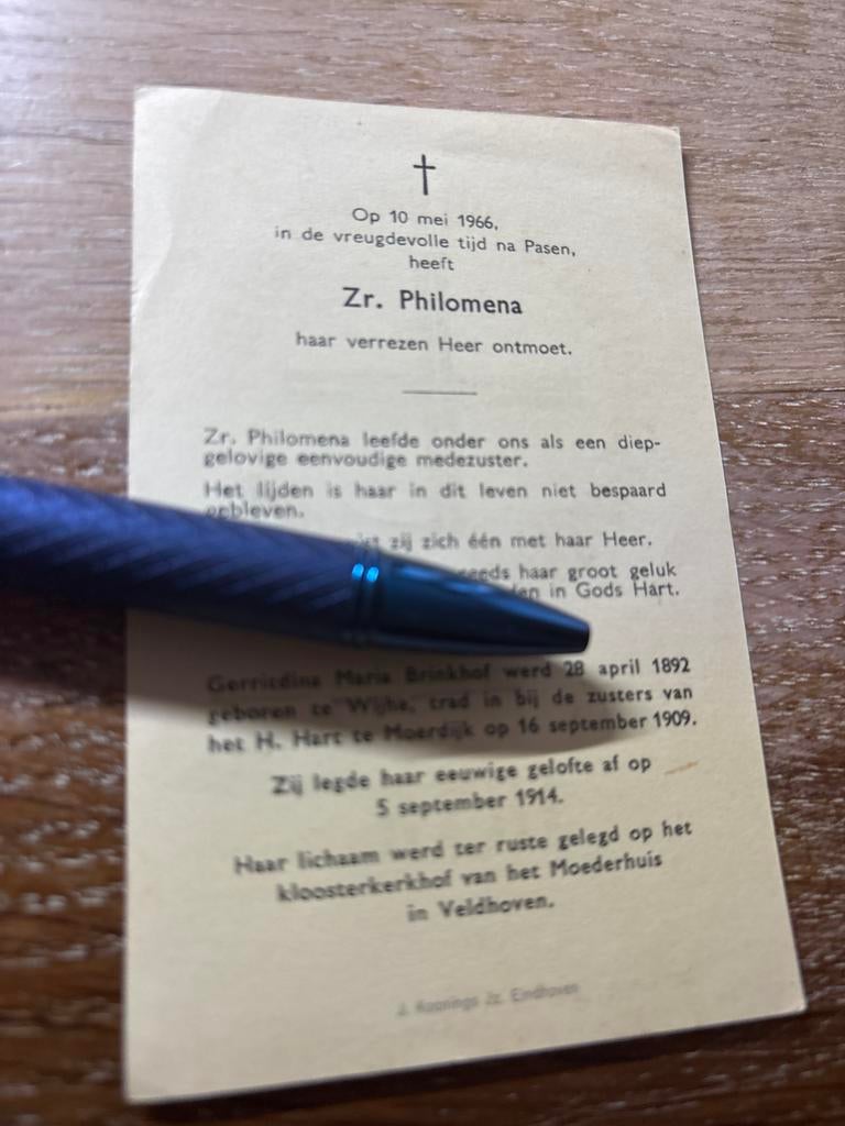 Brinkhof Gerritdina 1892 Wijhe 1966 Moerdijk zr Philomena, Ophalen of Verzenden, Bidprentje
