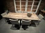 Boomstam tuintafel 10cm dik blad met 6 SUNS outdoor stoelen, Ophalen, Gebruikt, Overige materialen, Tuinset