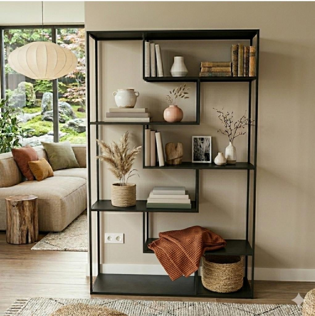 Zwarte metalen boekenkast, Huis en Inrichting, Kasten | Boekenkasten, Ophalen, 100 tot 150 cm, Zo goed als nieuw, 150 tot 200 cm