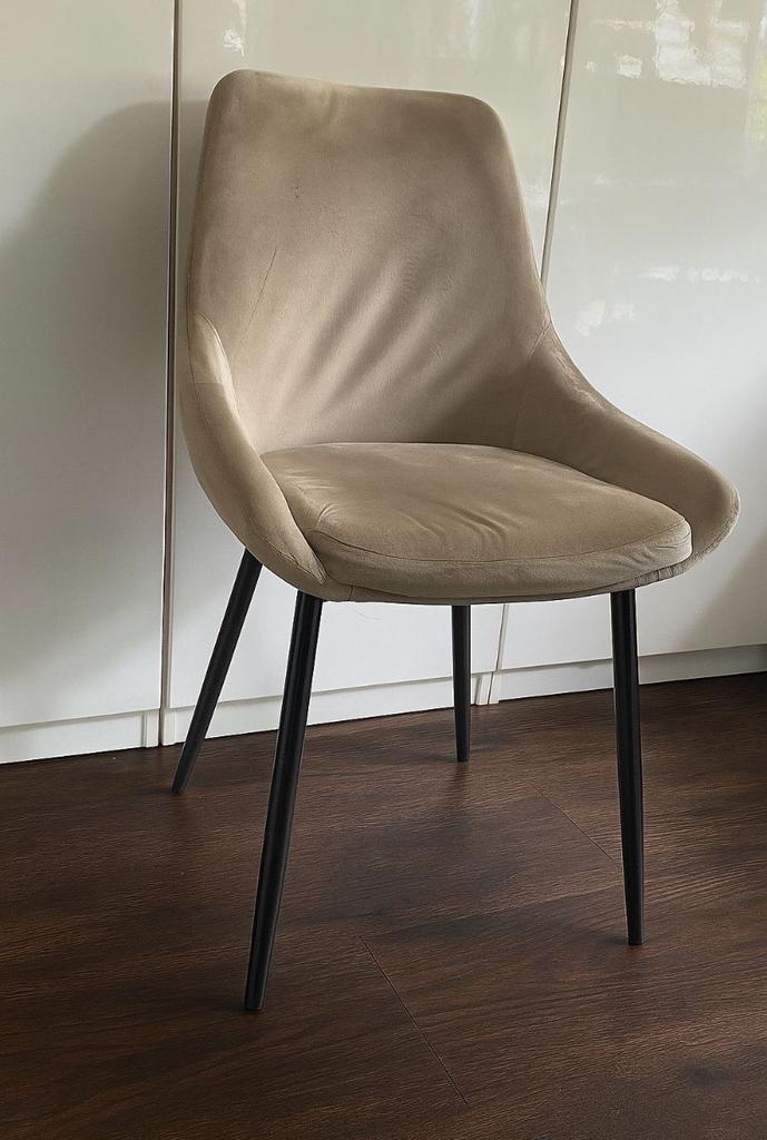 4 Velours Eetkamerstoelen - Lichtgrijs/Champagne, Huis en Inrichting, Stoelen, Gebruikt, Vier, Metaal, Grijs, Ophalen