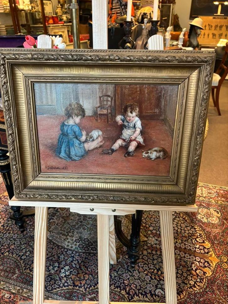 Twee kinderen spelen met katten., Antiek en Kunst, Kunst | Schilderijen | Klassiek, Ophalen of Verzenden