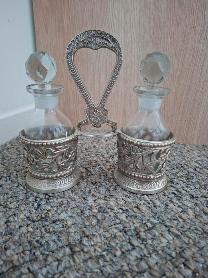 Olie en azijn set met zilveren houder, Antiek en Kunst, Antiek | Glas en Kristal, Ophalen of Verzenden