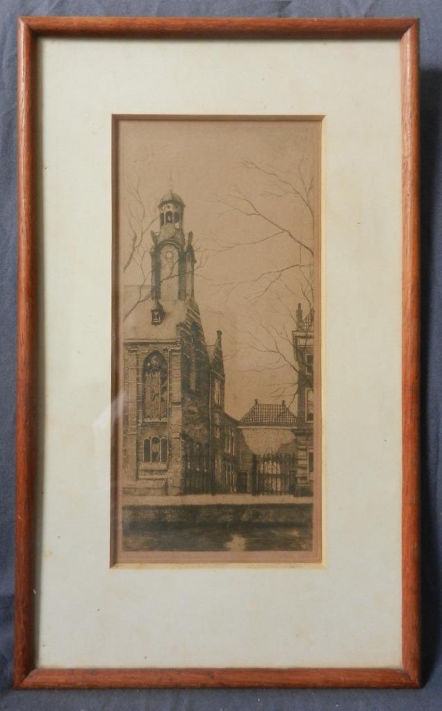 Leuke ets met Academiegebouw Leiden door Jan Sirks hxb 24x11, Antiek en Kunst, Kunst | Etsen en Gravures, Ophalen of Verzenden