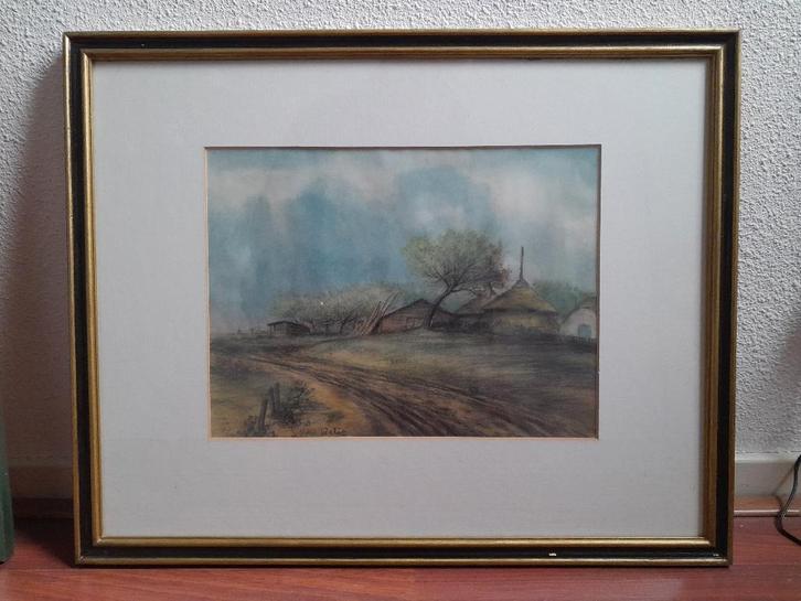 Boerderij met hooimijt. Aquarel, gemengde techniek., Antiek en Kunst, Kunst | Schilderijen | Klassiek, Ophalen