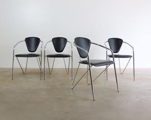 Italiaanse vintage design stoelen, merk Effezeta  4x, Huis en Inrichting, Stoelen, Gebruikt, Vier, Leer, Metaal, Zwart, Ophalen