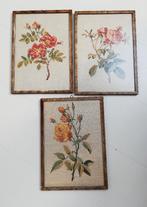 3 vintage geborduurde schilderijen rozen (Redouté), Minder dan 50 cm, Gebruikt, Ophalen of Verzenden, Schilderij