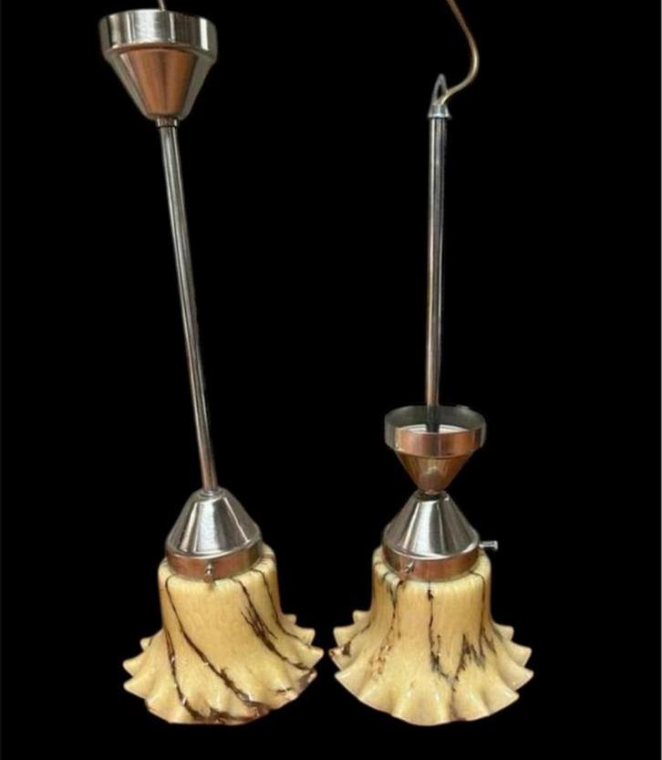 Art Deco Lampen Set - Gemarmerd Glas, Huis en Inrichting, Lampen | Hanglampen, Zo goed als nieuw, 50 tot 75 cm, Glas, Ophalen of Verzenden