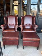 2x Oorfauteuil + 2 Hockers Izgs Old Saddle Leer, Landelijk Klassiek Chique, Zo goed als nieuw, Lounge Atelier, 50 tot 75 cm