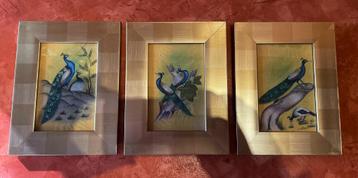 Hand geschilderde pauwen op doek 14x9cm beschikbaar voor biedingen