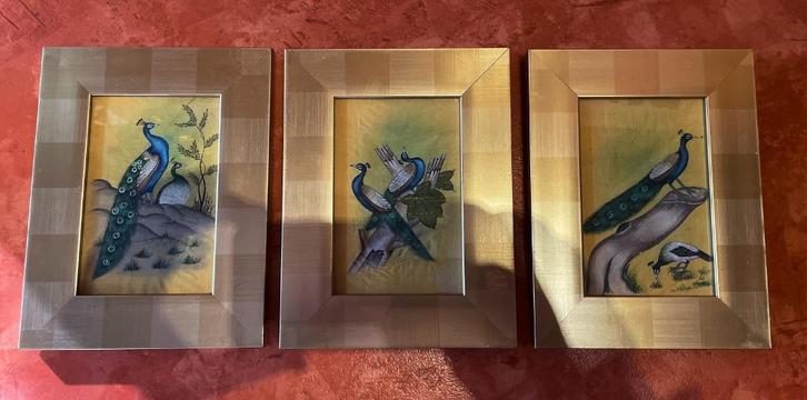 Hand geschilderde pauwen op doek 14x9cm, Antiek en Kunst, Kunst | Schilderijen | Modern, Ophalen