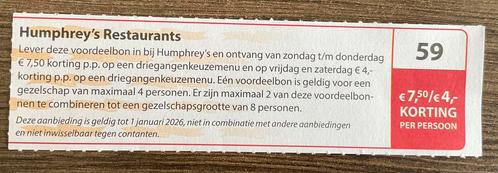 Voordeelbon Humphrey’s Restaurants 2025 (KWF), Tickets en Kaartjes, Kortingen en Cadeaubonnen, Drie personen of meer, Overige typen