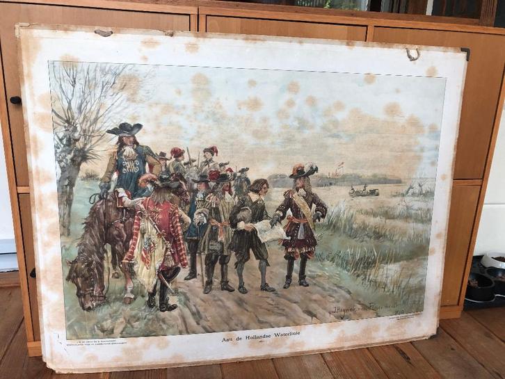 schoolplaat "Aan de Hollandse waterlinie 1672", Antiek en Kunst, Antiek | Schoolplaten, Geschiedenis, Ophalen