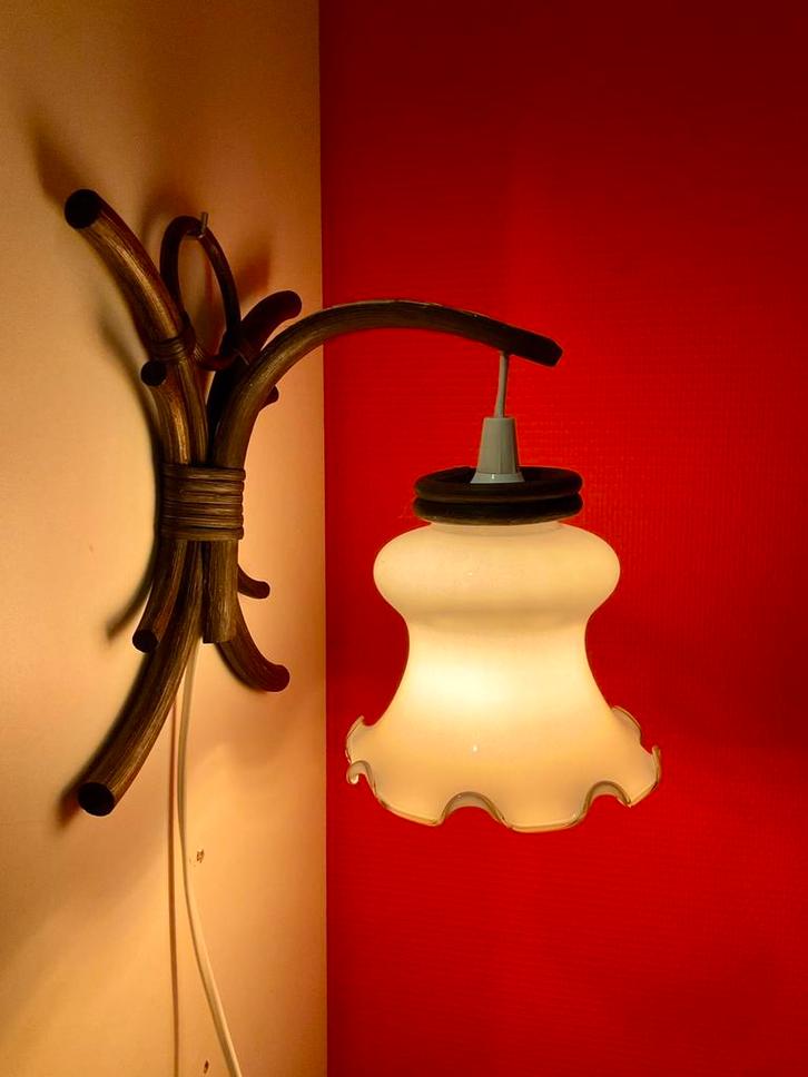 Wandlamp riet bamboe bruin met witte glazen kap, Huis en Inrichting, Lampen | Wandlampen, Gebruikt, Overige materialen, Ophalen of Verzenden