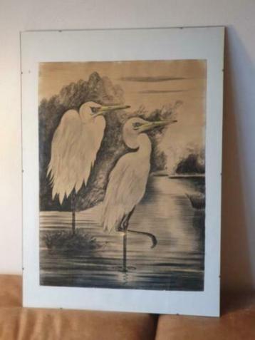 Originele houtskool tekening zilverreigers. Jan Schonk? beschikbaar voor biedingen