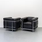ACTIE!! 4 x Cassina Le Corbusier LC2 fauteuil Zwart Leer, Gebruikt, Metaal