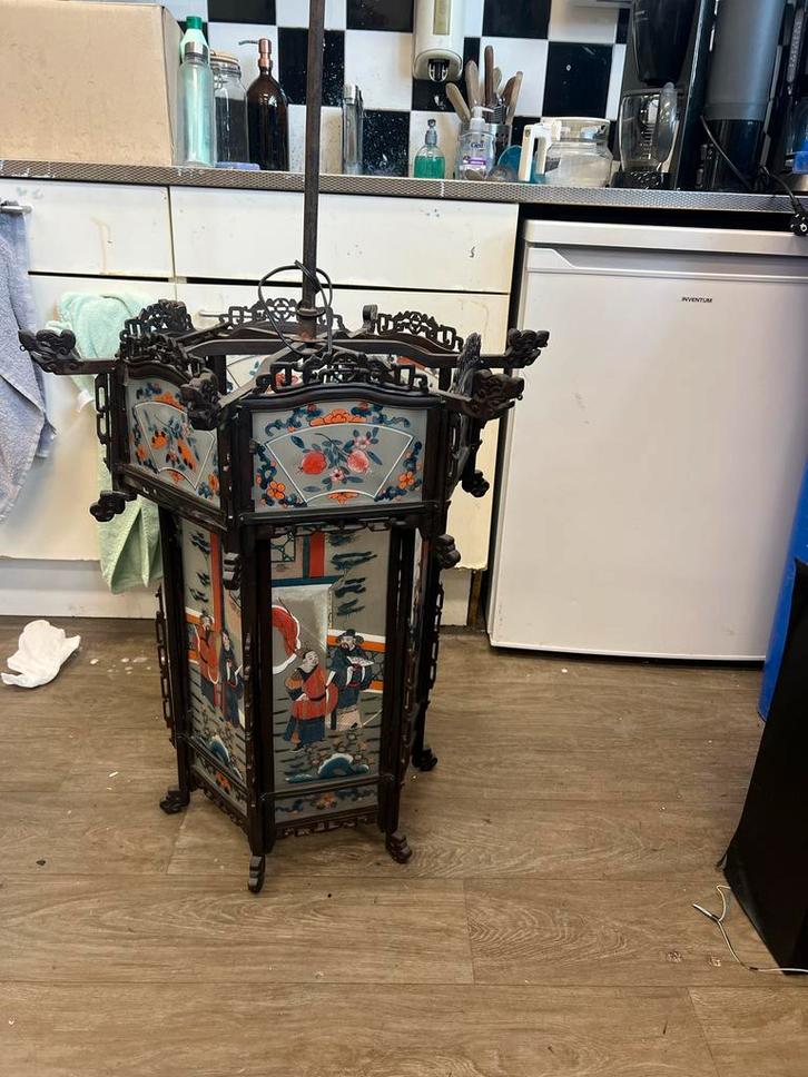 Chinese lantaarn chandelier, 20e eeuw, Huis en Inrichting, Lampen | Hanglampen, Gebruikt, 50 tot 75 cm, Glas, Ophalen of Verzenden