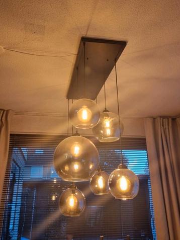 Industriële eettafel lamp, 7 glazen bollen - smoke kleur beschikbaar voor biedingen
