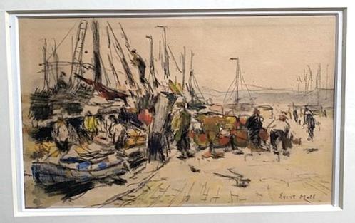 Bedrijvigheid haven Scheveningen - Evert Moll 1878-1955, Antiek en Kunst, Kunst | Schilderijen | Klassiek, Ophalen of Verzenden