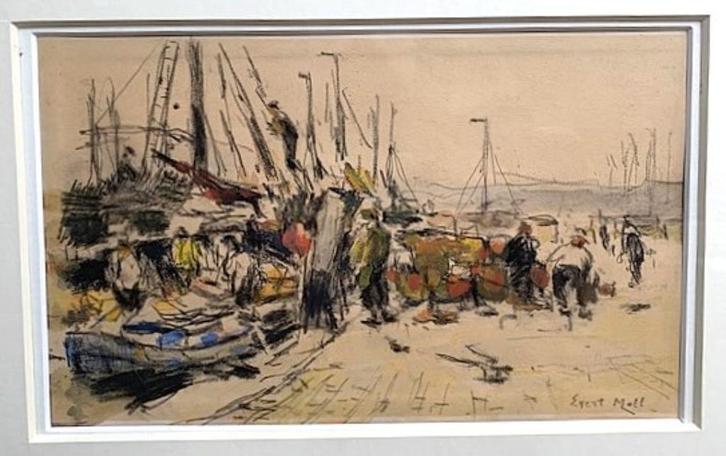 Bedrijvigheid haven Scheveningen - Evert Moll 1878-1955, Antiek en Kunst, Kunst | Schilderijen | Klassiek, Ophalen of Verzenden