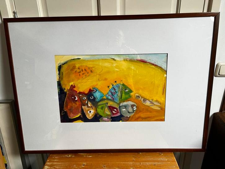 Acryl op papier. “Vissen”. Paul van de Geest., Antiek en Kunst, Kunst | Schilderijen | Modern, Ophalen