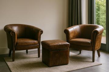 Set van 2 vintage leren fauteuils ( kalfsleer ) beschikbaar voor biedingen