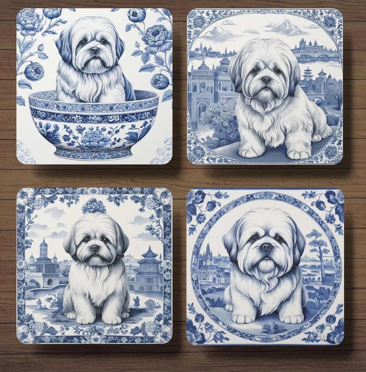 Lhasa Apso Delfts Blauw onderzetters met houder, Huis en Inrichting, Woonaccessoires | Onderzetters, Nieuw, Glas of Kopje, Ophalen of Verzenden