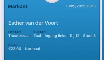 2 tickets Esther. an der Voort theater Uden 19-9-25 beschikbaar voor biedingen