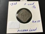 Munt 1938 5 cent Nederland Wilhelmina pr, Postzegels en Munten, Munten | Nederland, Ophalen of Verzenden, Koningin Wilhelmina