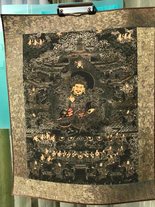 Prachtige Mahakala thangka met brokade rand. Tibet, Antiek en Kunst, Kunst | Niet-Westerse kunst, Ophalen of Verzenden