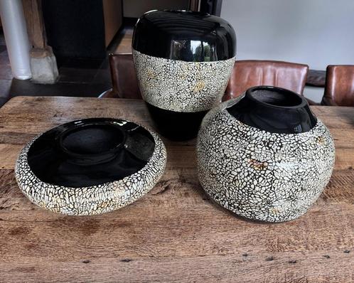 Set van 3 hoogglans potten met ingelegde eierschaal, Huis en Inrichting, Woonaccessoires | Vazen, Zo goed als nieuw, Zwart, Minder dan 50 cm
