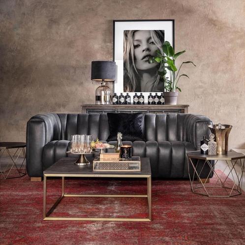 Rivièra Maison Pulitzer Sofa 3,5-zits in leer, antraciet, Huis en Inrichting, Banken | Bankstellen, Gebruikt, Rechte bank, Driepersoons