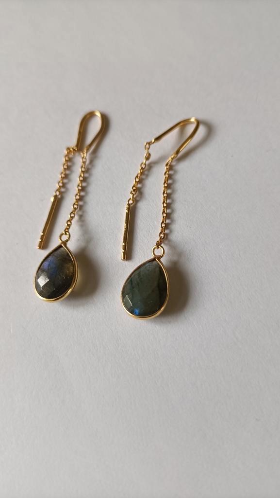 Fraaie zilver vergulde doortrek oorbellen Labradoriet, Sieraden, Tassen en Uiterlijk, Oorbellen, Nieuw, Hangers, Zilver, Goud