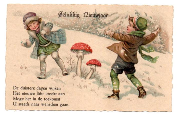 Gelukkig Nieuwjaar 3696 kinderen paddenstoel sneeuw 1934, Verzamelen, Ansichtkaarten | Themakaarten, Gelopen, 1920 tot 1940, Kinderen