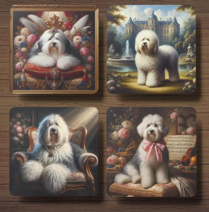 Old English Sheepdog Barok onderzetters met houder, Huis en Inrichting, Woonaccessoires | Onderzetters, Nieuw, Glas of Kopje, Ophalen of Verzenden