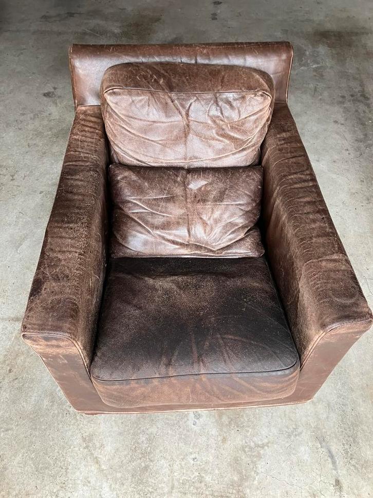 Bruin leren fauteuil, Huis en Inrichting, Fauteuils, Gebruikt, Leer, 50 tot 75 cm, 75 tot 100 cm, Ophalen