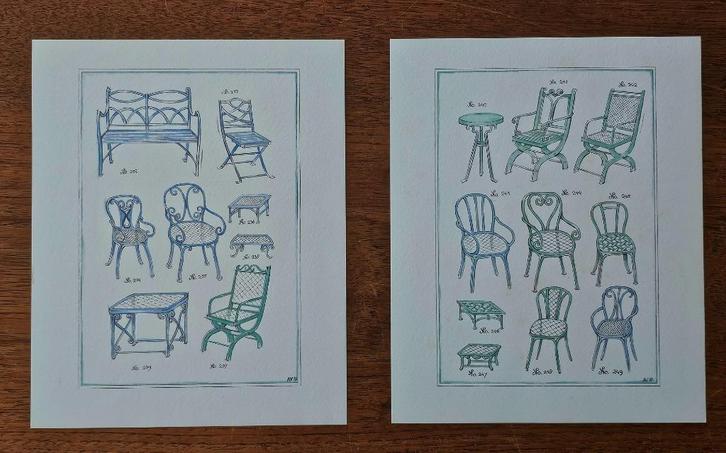 2 prenten met afbeeldingen van oude tuinstoelen, Verzamelen, Foto's en Prenten, Gebruikt, Overige onderwerpen, Voor 1940, Ophalen of Verzenden