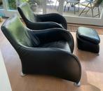 Twee zwart leren Loge van Montis en leren hocker, Huis en Inrichting, Fauteuils, Ophalen, Gebruikt, Minder dan 75 cm, Leer