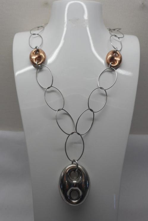 Zilveren bicolor ketting met grote schakels en hanger nr.094, Sieraden, Tassen en Uiterlijk, Kettingen, Zo goed als nieuw, Zilver