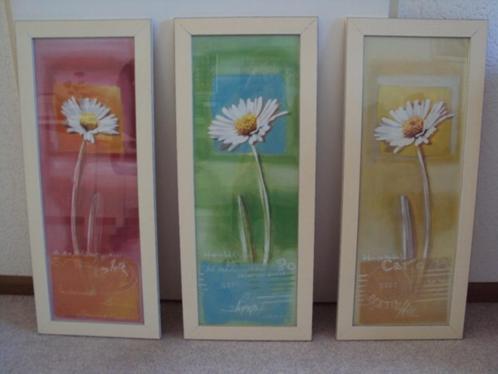 Moderne drieluik schilderij bloemen houten lijst met glas, Antiek en Kunst, Kunst | Schilderijen | Modern, Ophalen of Verzenden