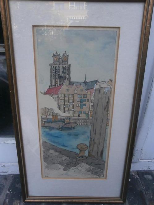 Dordrecht, Kalkhaven, Mooie gesign. Aquarel naar A.PIECK, Antiek en Kunst, Kunst | Schilderijen | Klassiek, Ophalen of Verzenden